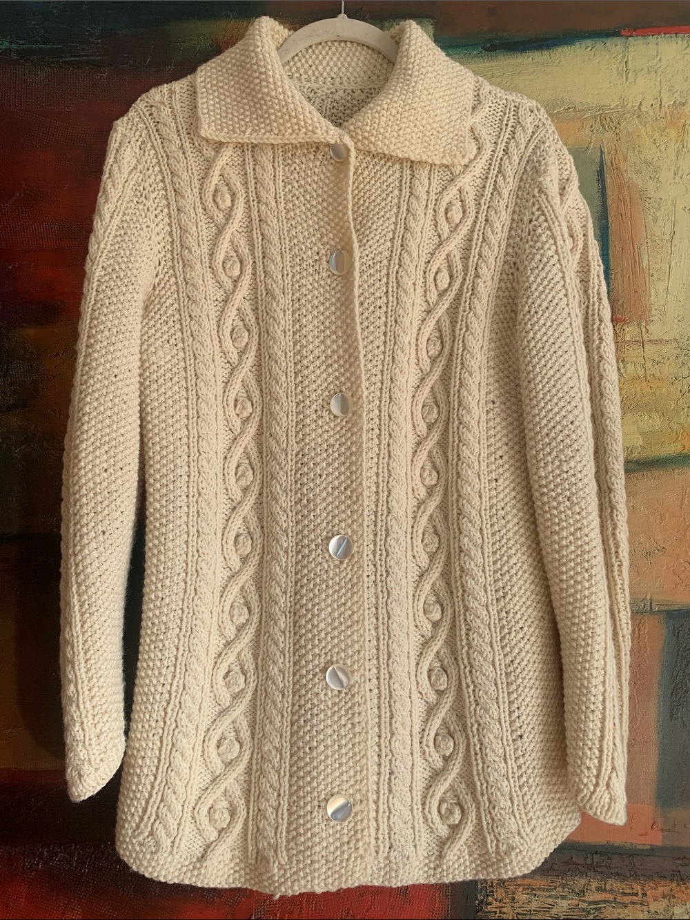 Vintage Handmade Aran Cable Knit Cardigan, Sz M